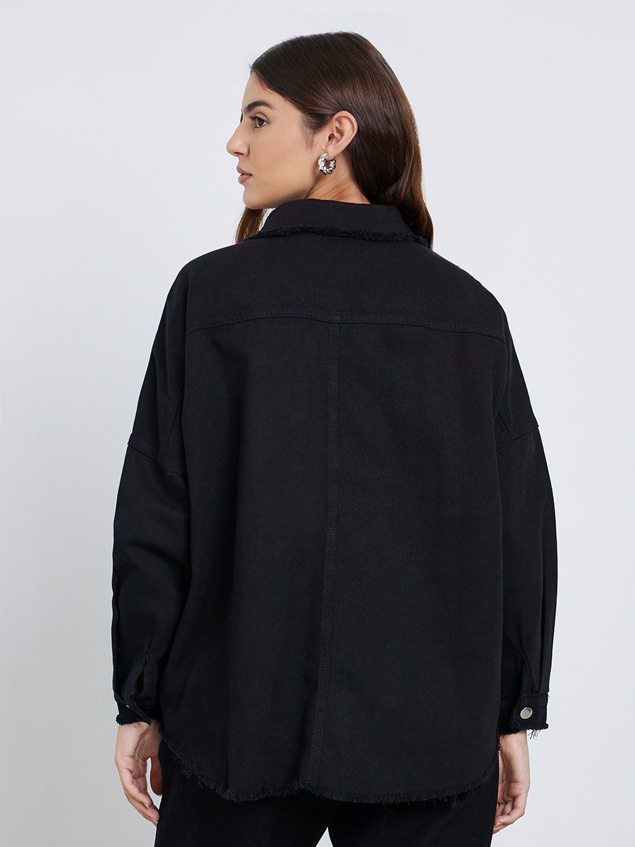 Black Studded Oversized Denim Shirt with Frayed Edge