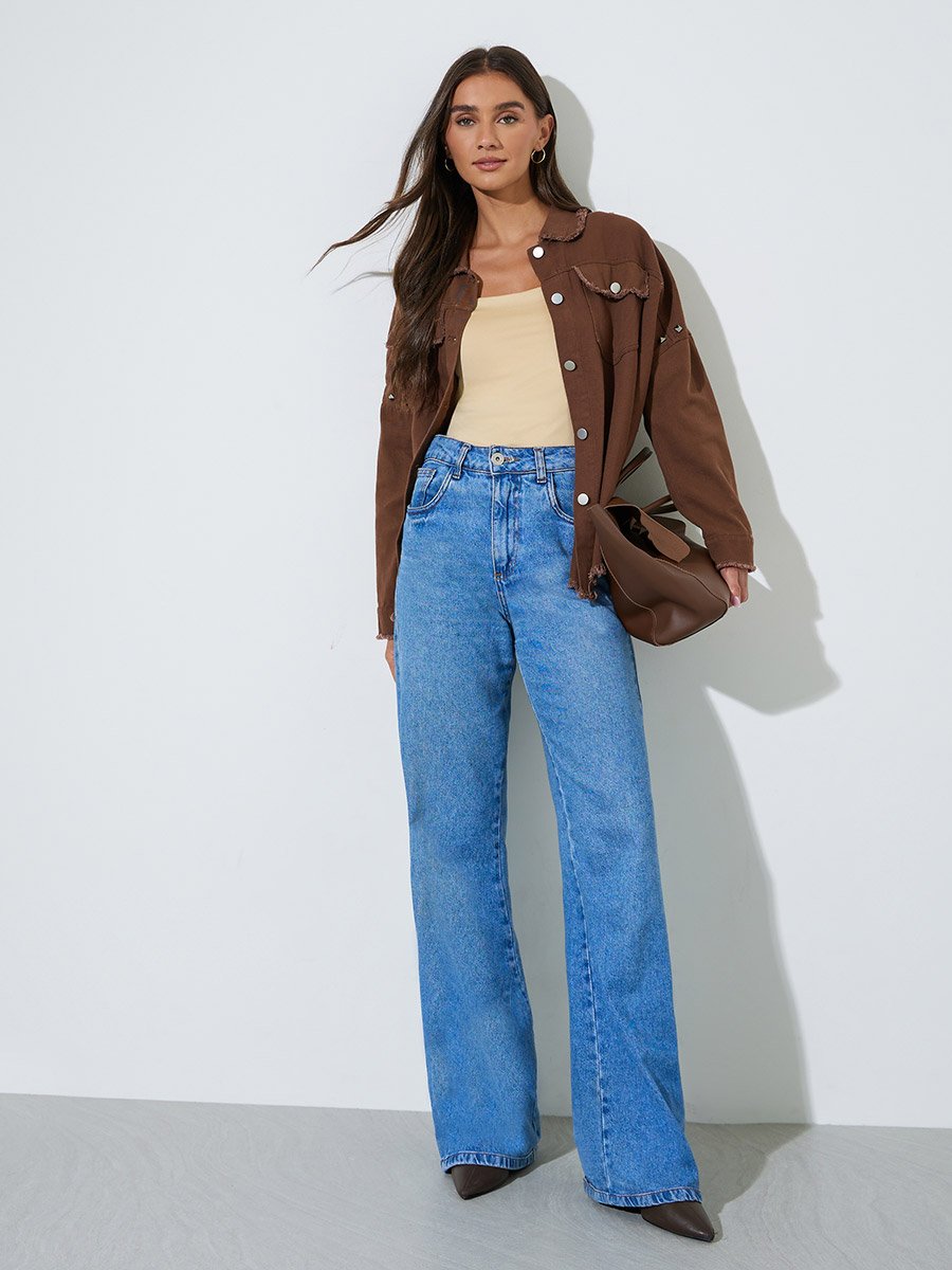 Brown Studded Oversized Denim Shirt with Frayed Edge
