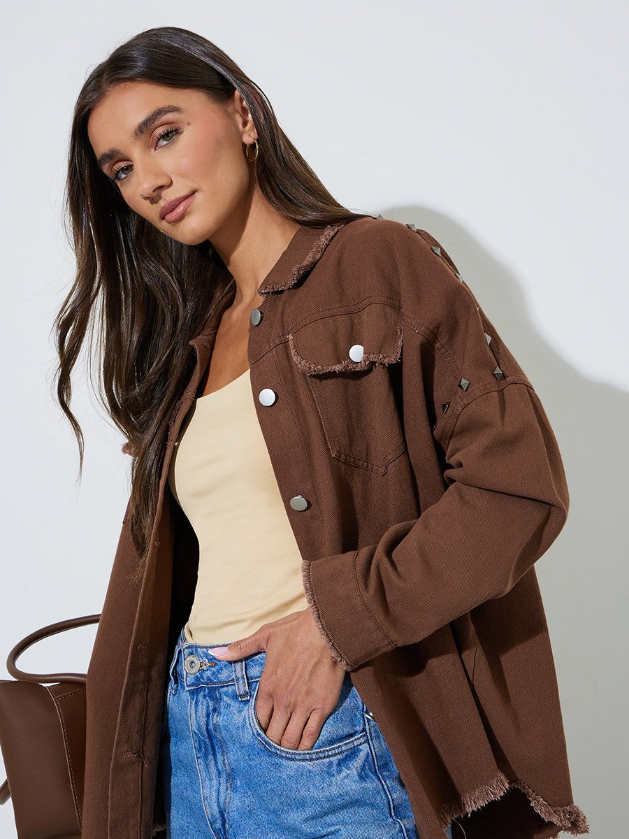 Brown Studded Oversized Denim Shirt with Frayed Edge