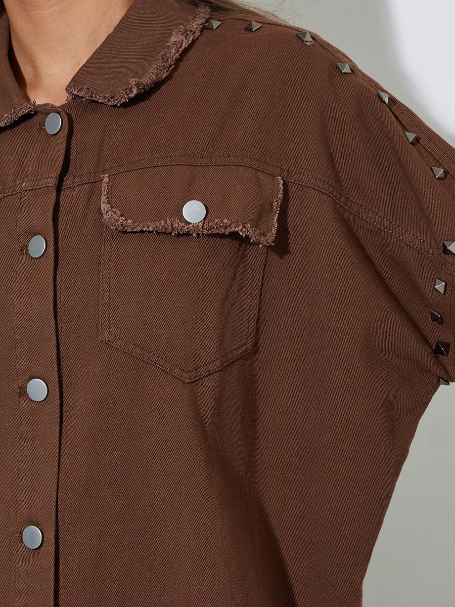 Brown Studded Oversized Denim Shirt with Frayed Edge