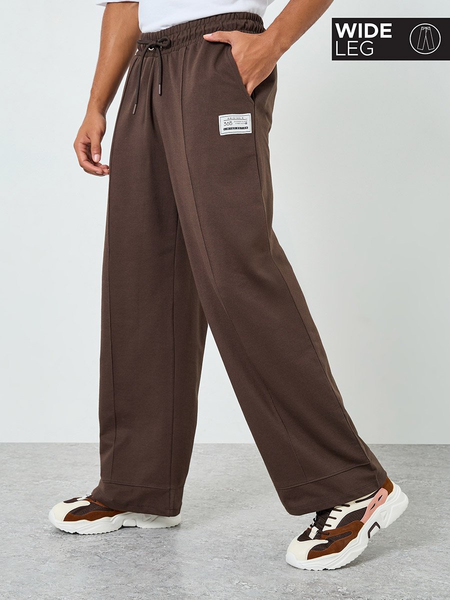 Men Brown Wide Leg Joggers with Pintuck Detail