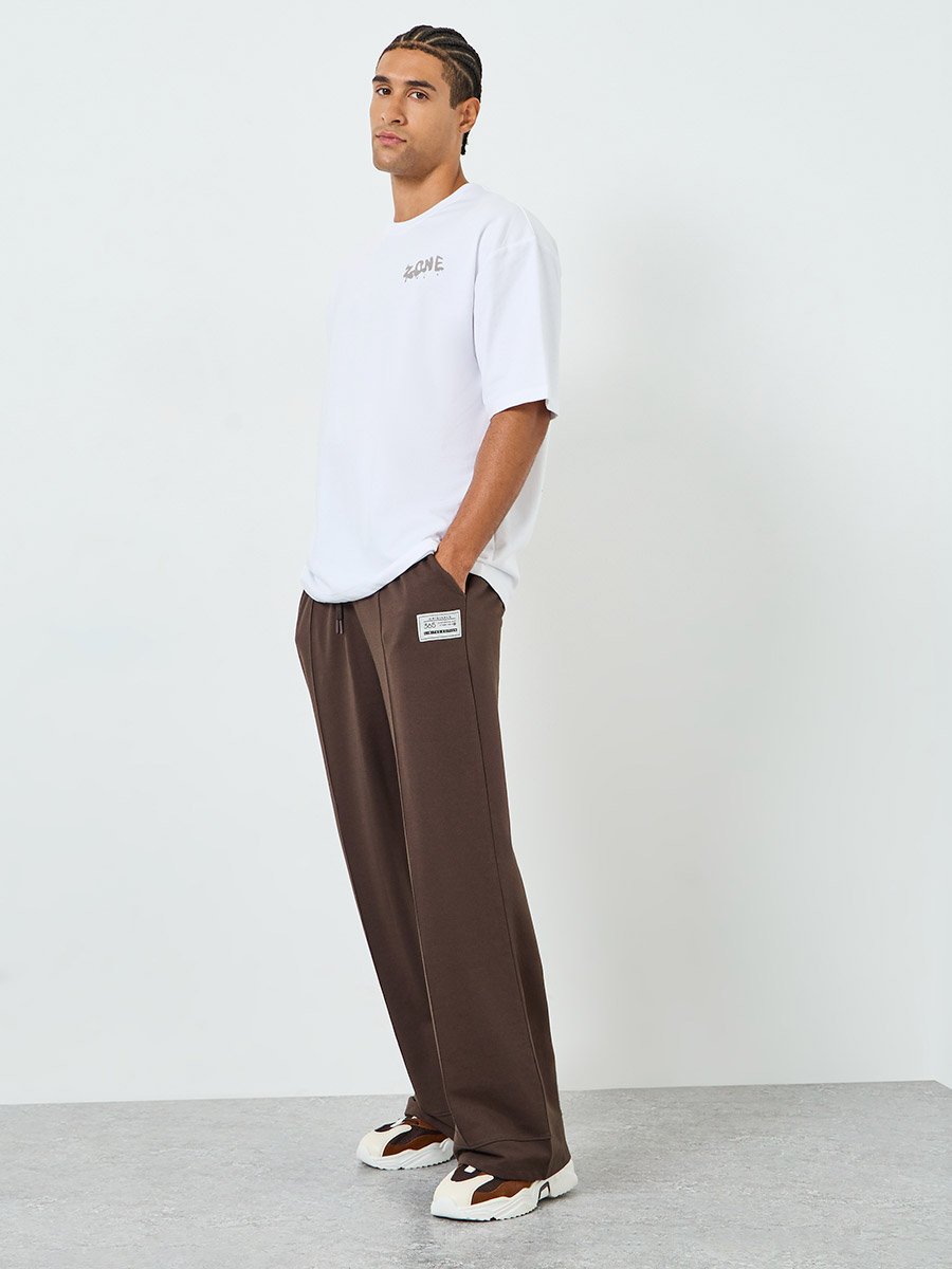 Men Brown Wide Leg Joggers with Pintuck Detail