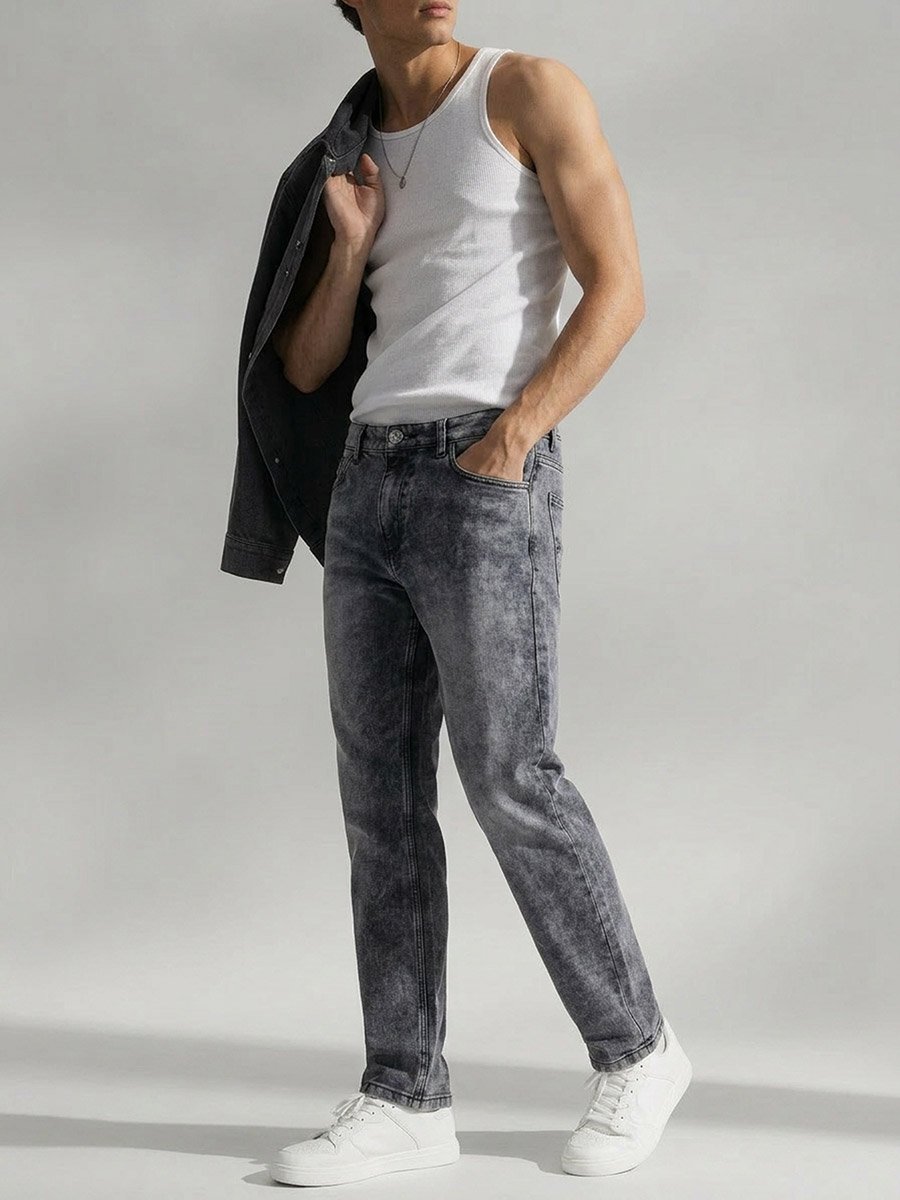 Men Black Loose Fit Washed Jeans