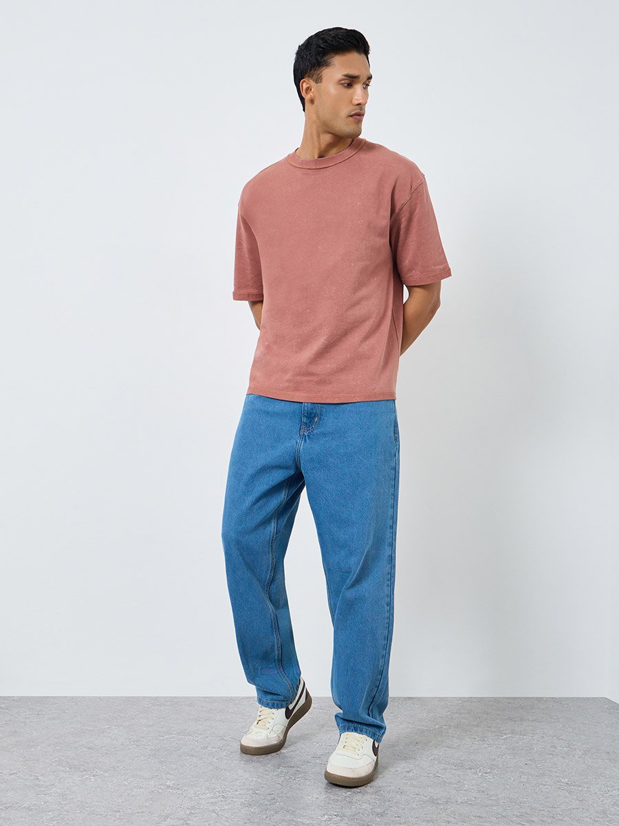 Men Blue Mid Rise Loose Fit Washed Jeans