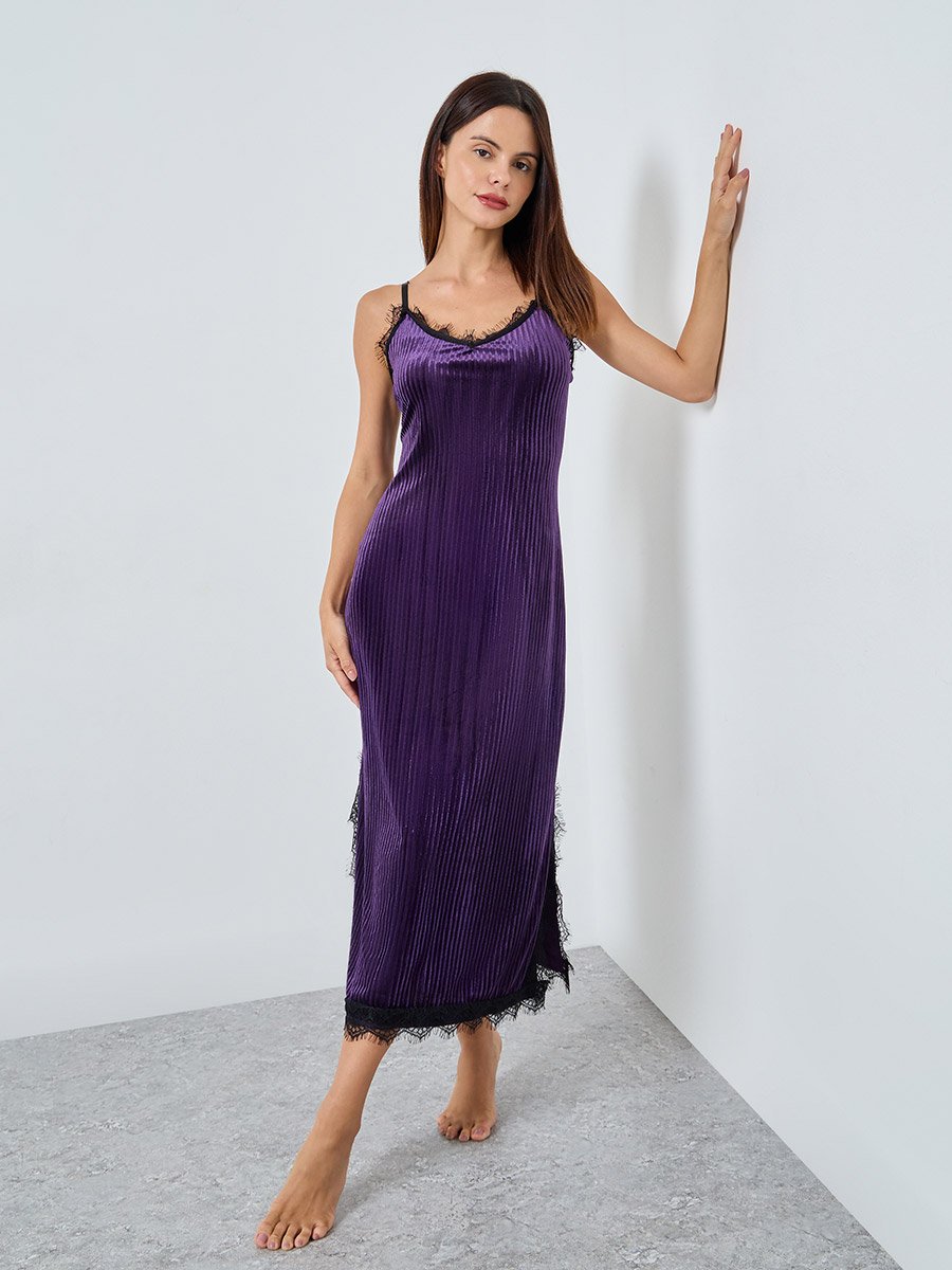 Stripe Textured Velvet Lace Trim Slip Dress