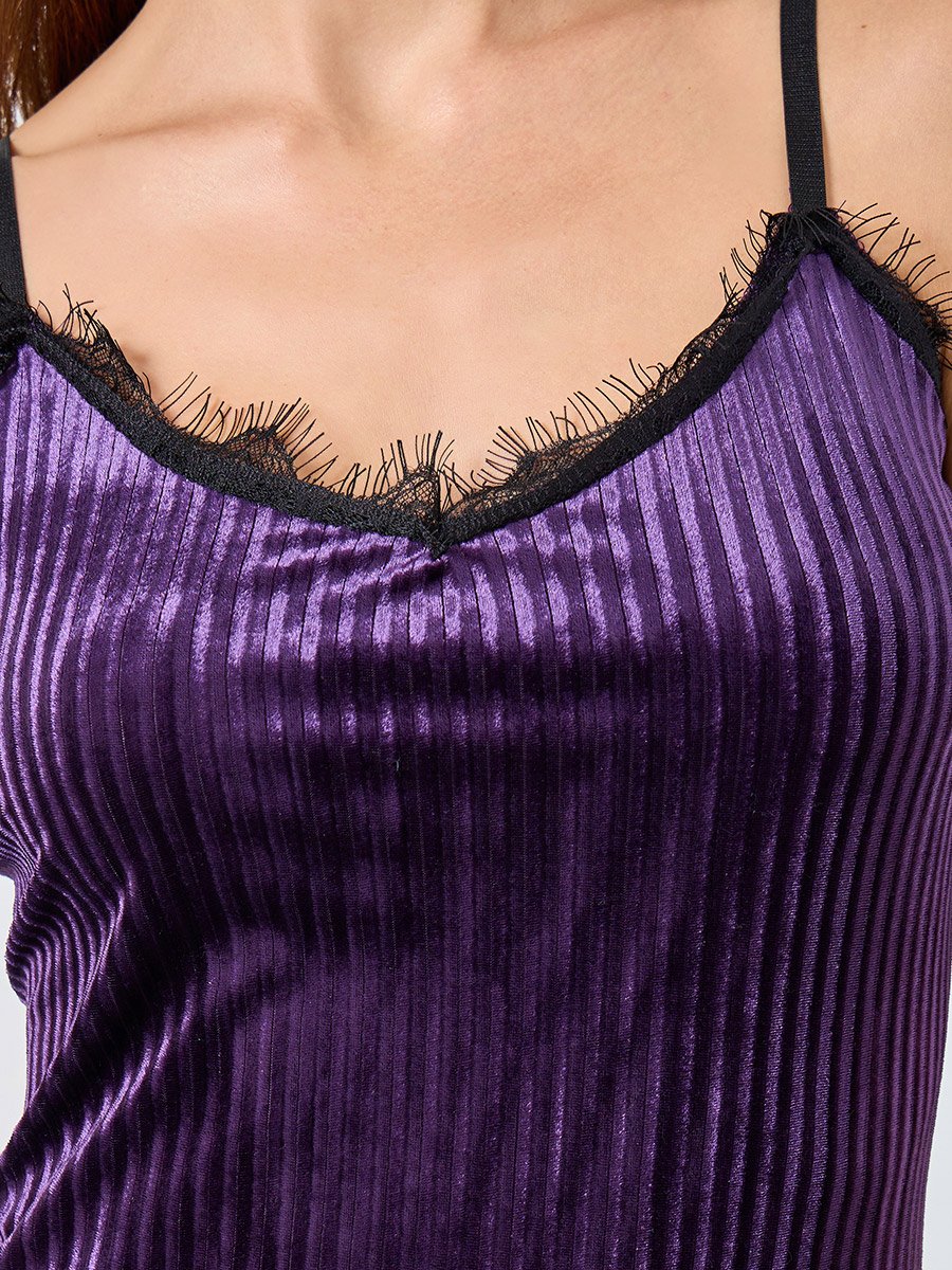 Stripe Textured Velvet Lace Trim Slip Dress