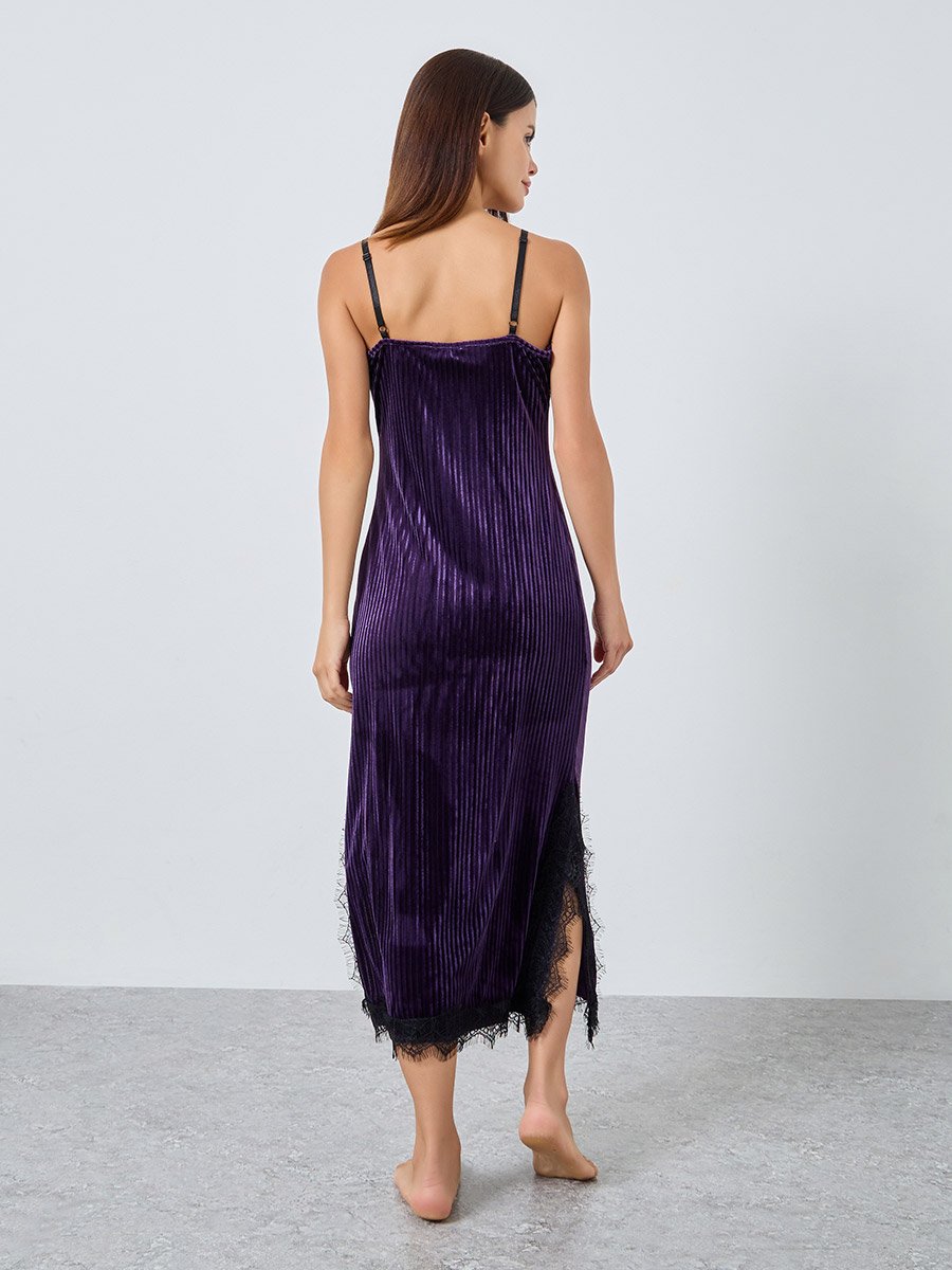 Stripe Textured Velvet Lace Trim Slip Dress