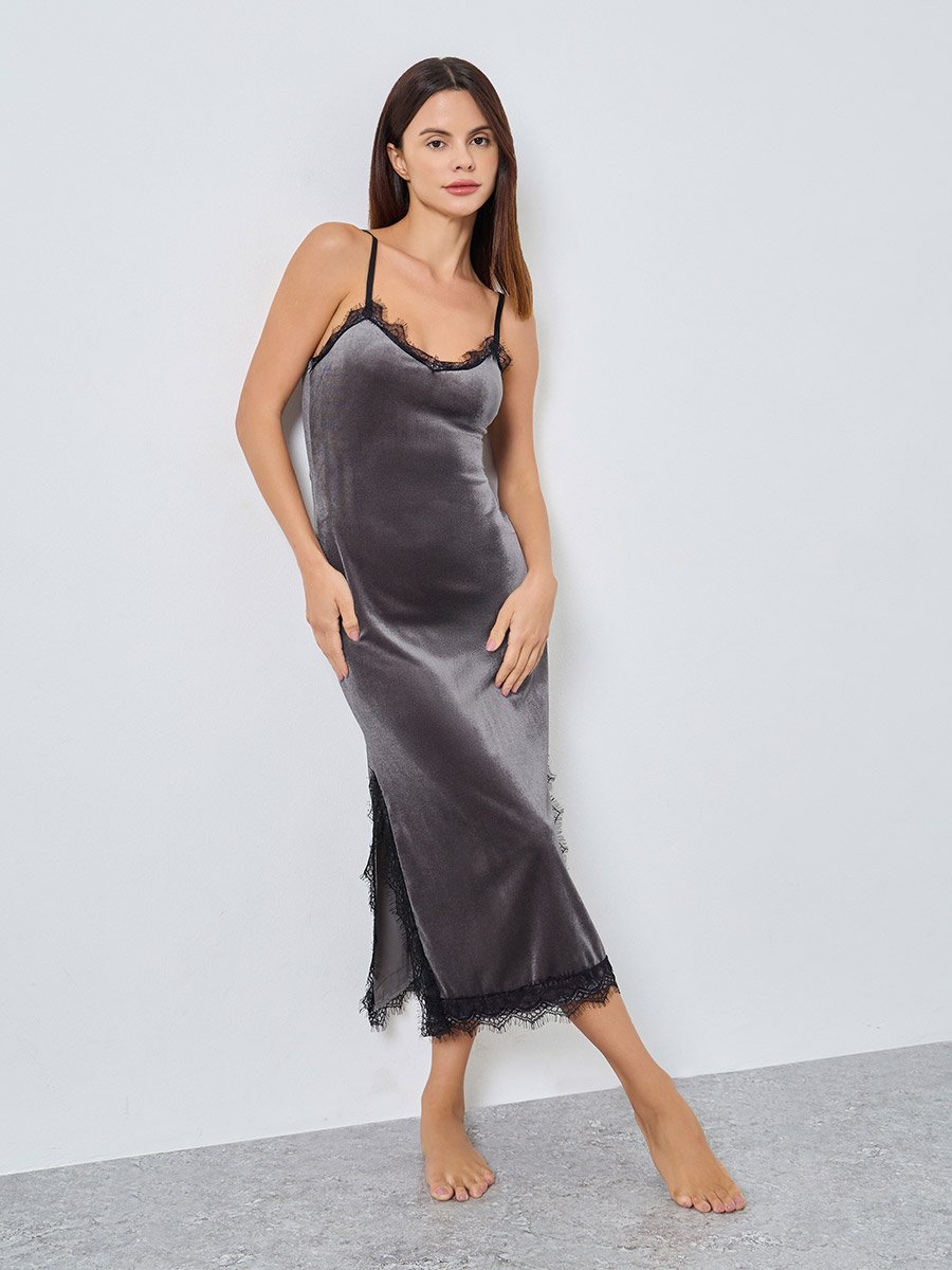 Velvet Contrast Lace Trim Side Slit Slip Dress For Women at Saudi | Styli