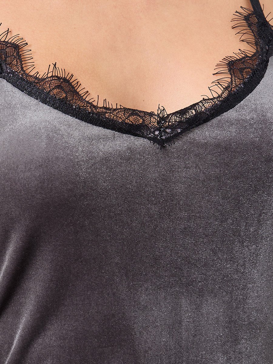 Velvet Contrast Lace Trim Side Slit Slip Dress