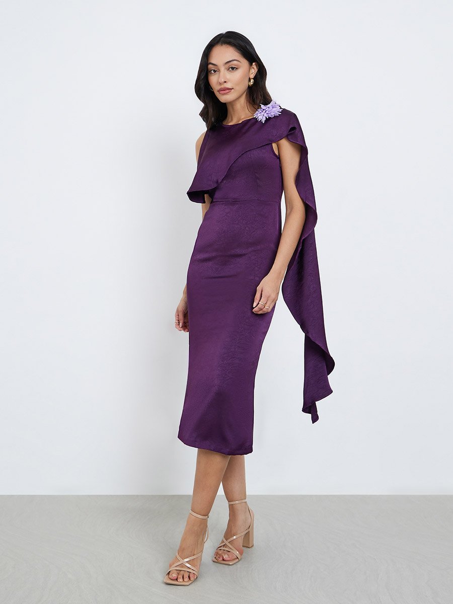 Purple Draped Midi Dress with Corsage Detail