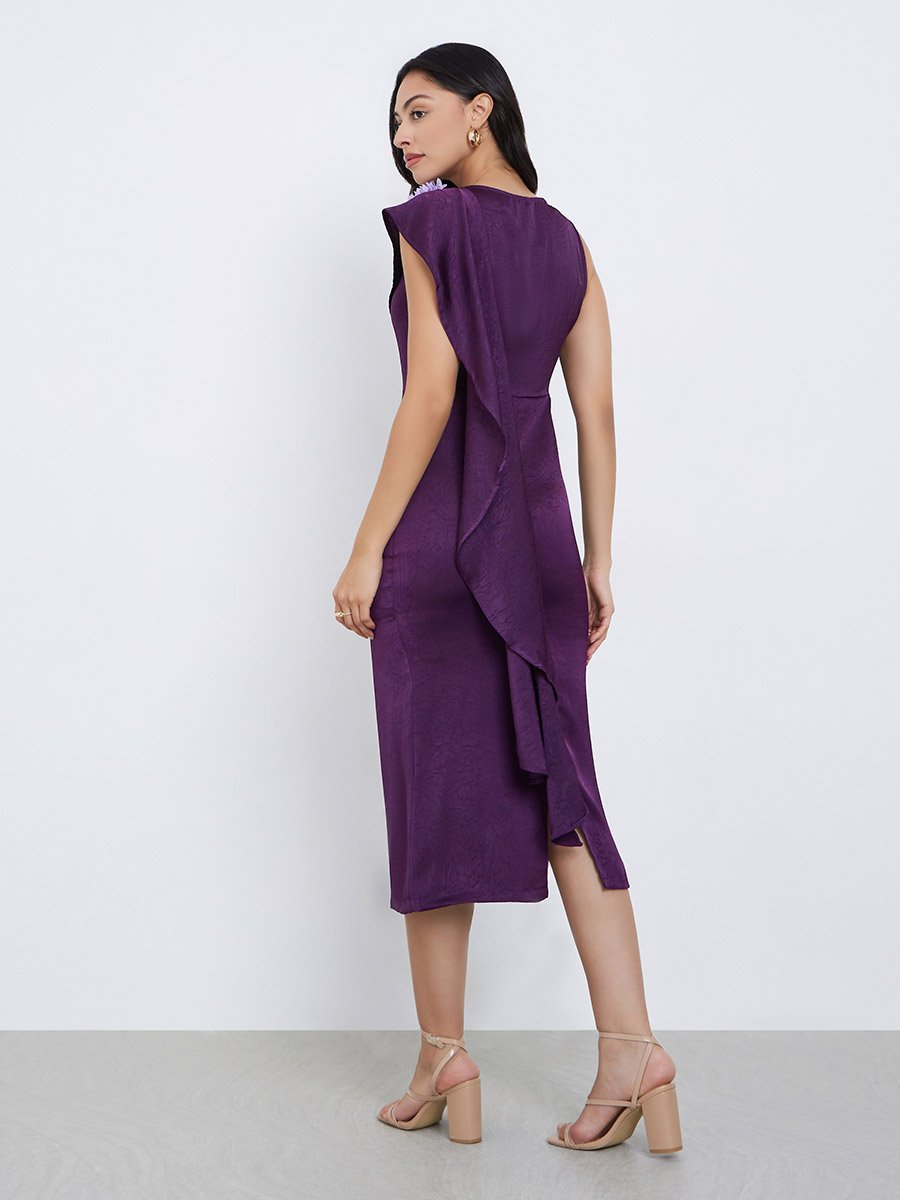 Purple Draped Midi Dress with Corsage Detail