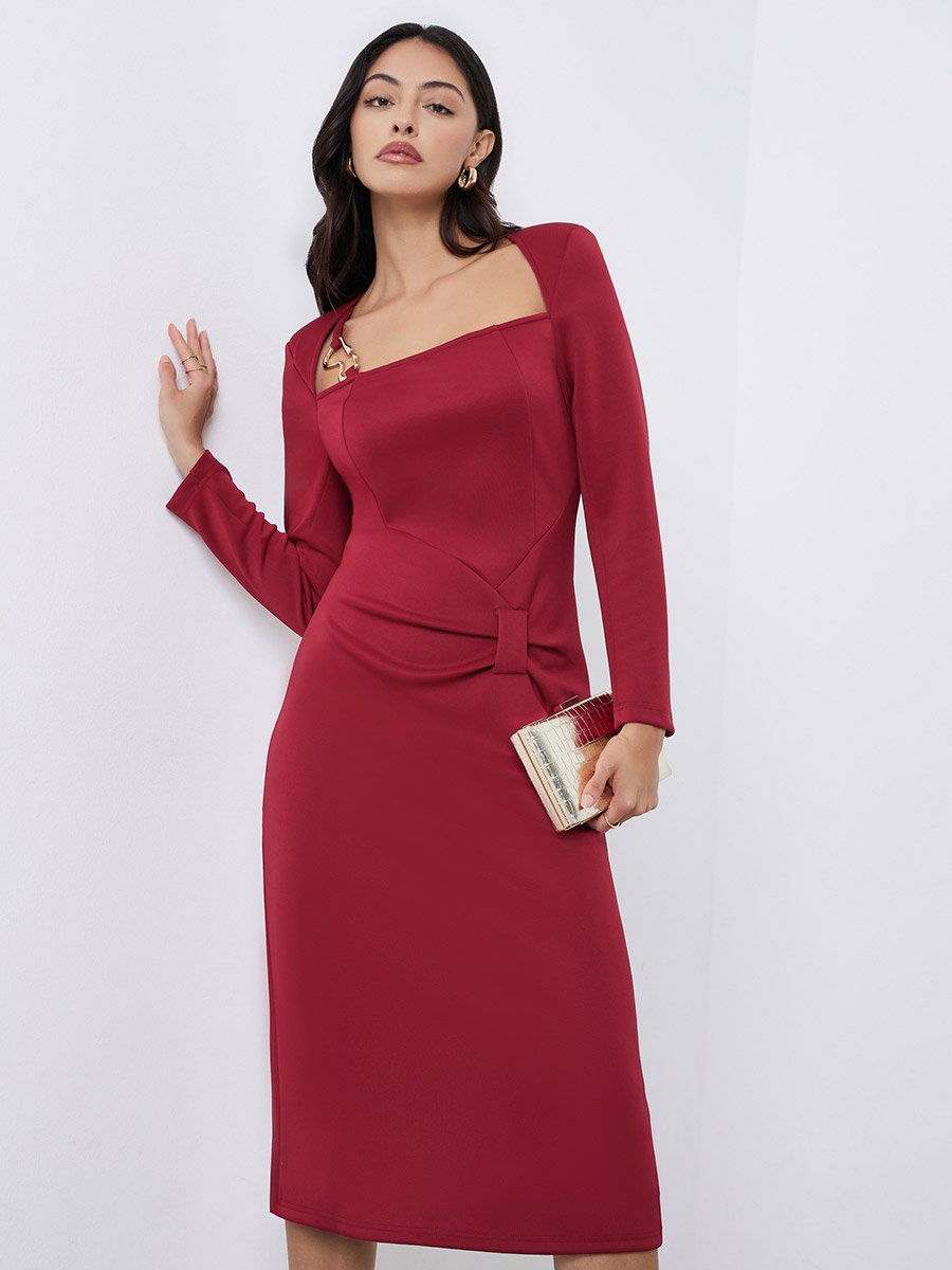 Red Midi Dress with Metal Ring Accent