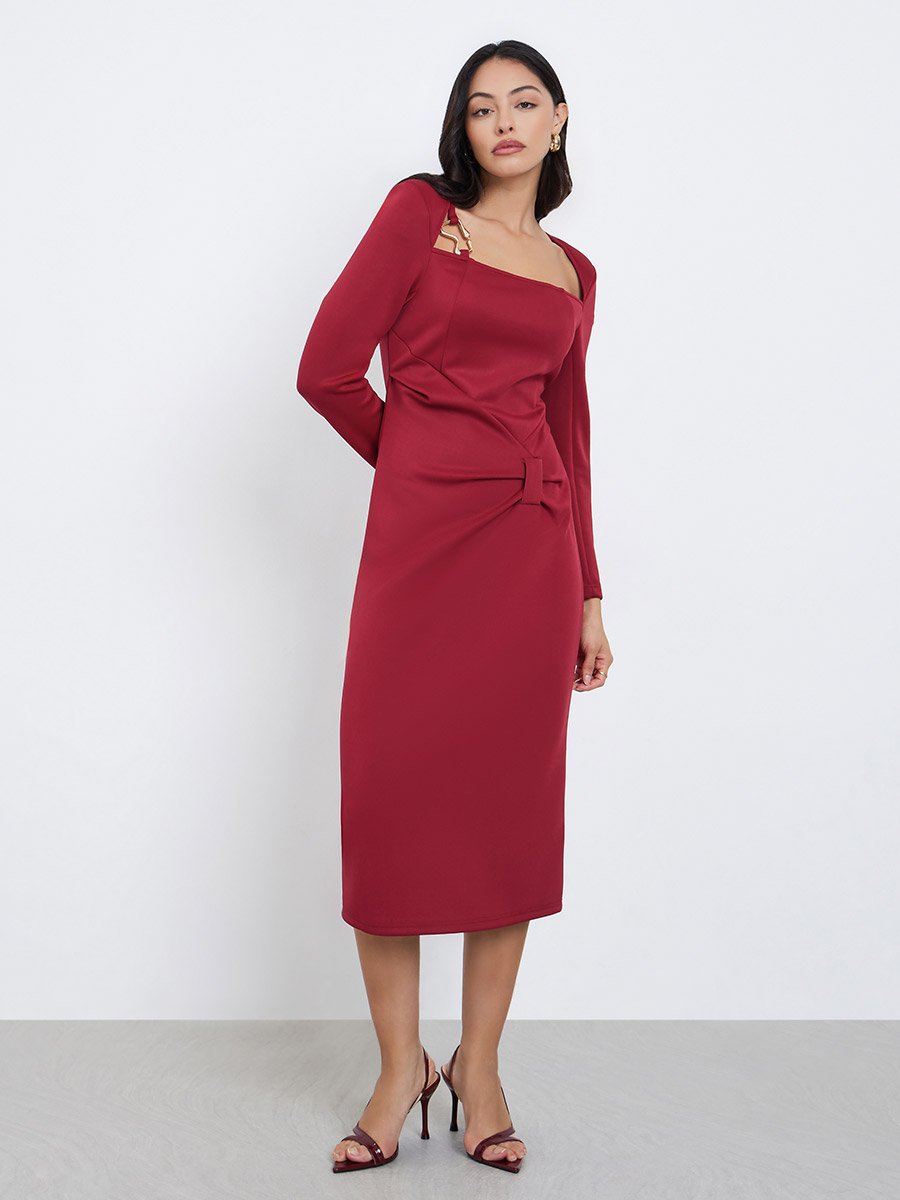 Red Midi Dress with Metal Ring Accent