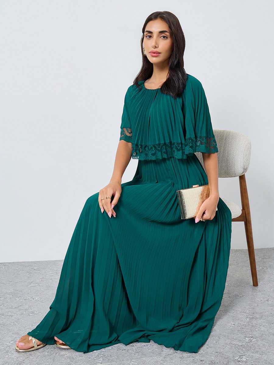 Teal Lace Trim Pleated Maxi Evening Dress For Women at Saudi | Styli Teal Lace Trim Pleated Maxi Evening Dress For Women at Saudi | Styli