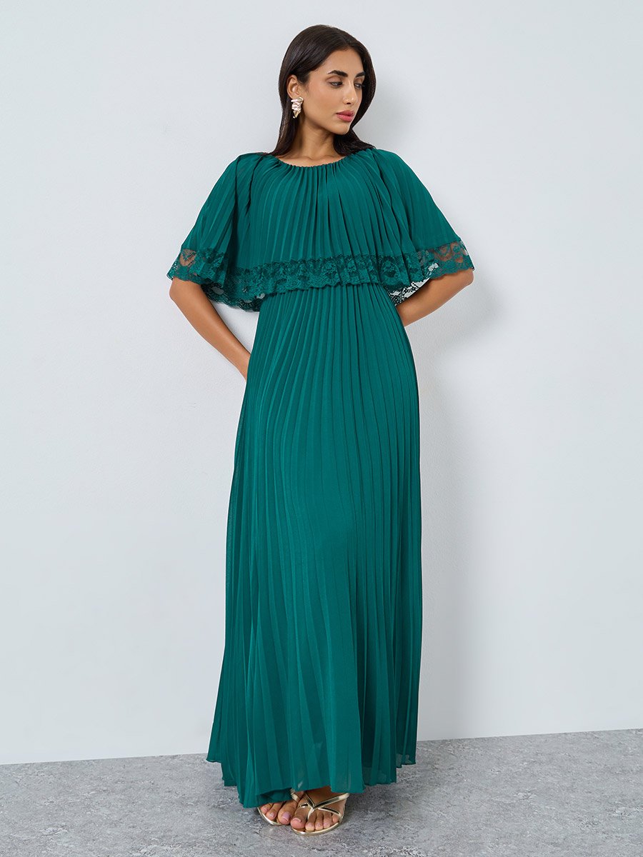 knee length dresses for ladies BCBGMAXAZRIA Antonea Lace Trim Pleated Gown  Runway Catalog