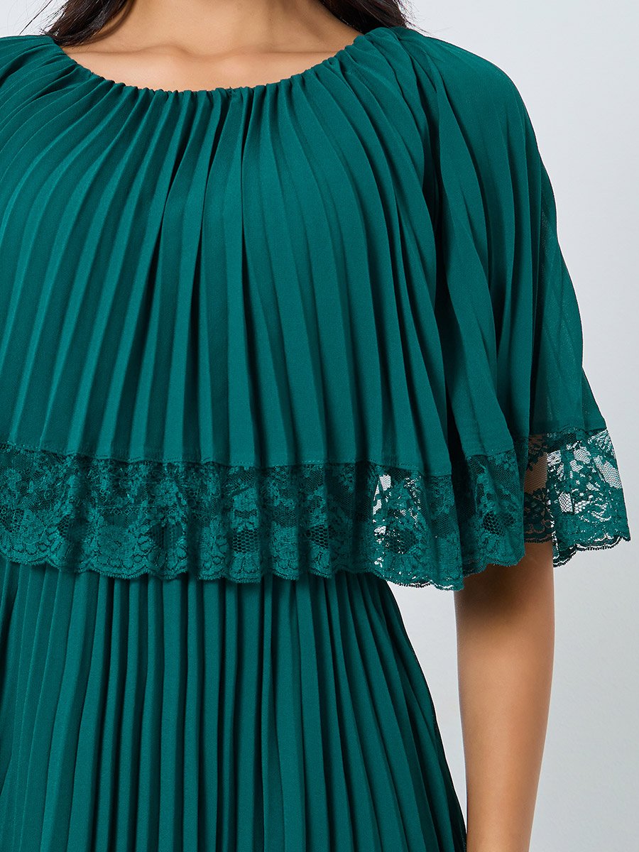 Teal Lace Trim Pleated Maxi Evening Dress For Women at Saudi | Styli
