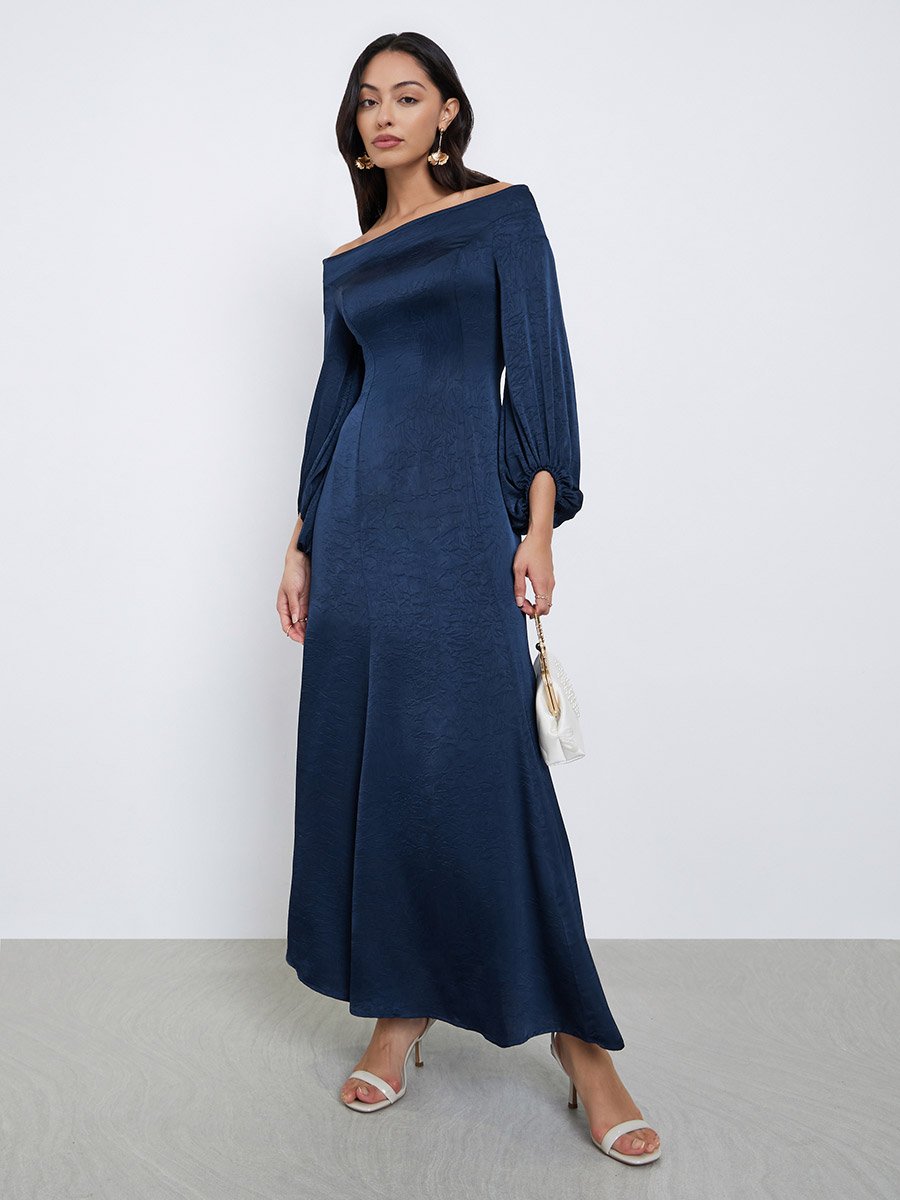 Navy Blue Off Shoulder Maxi Evening Dress