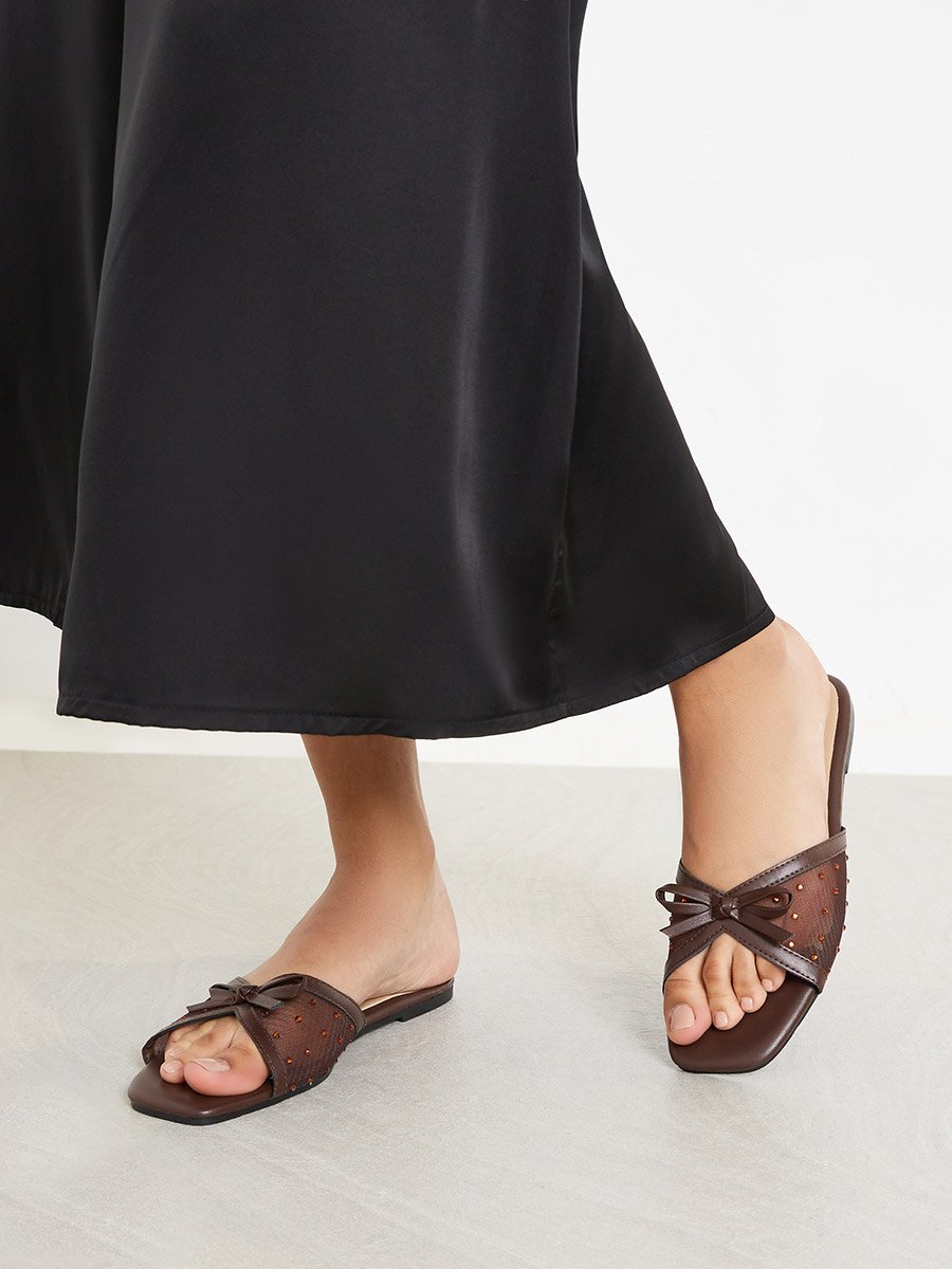 Brown Studded Mesh Flat Sandals
