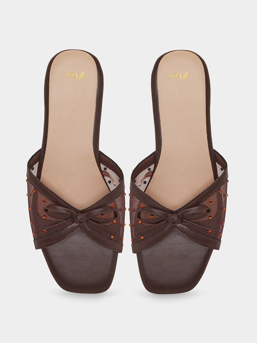 Brown Studded Mesh Flat Sandals