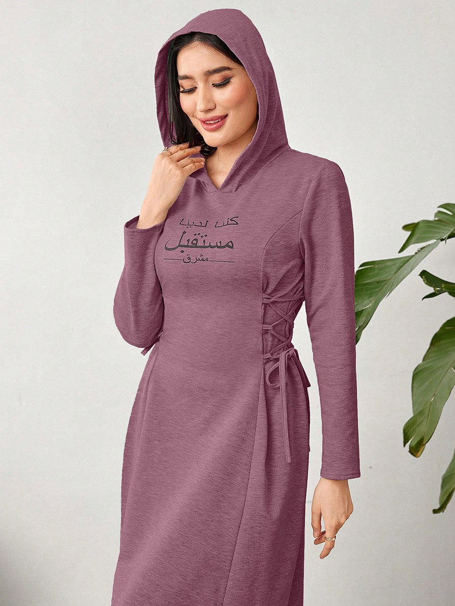 Purple Hooded Midi Dress with Tie-Up Detail