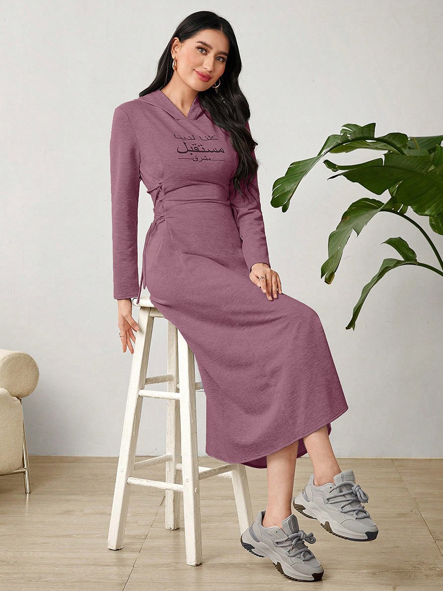 Purple Hooded Midi Dress with Tie-Up Detail