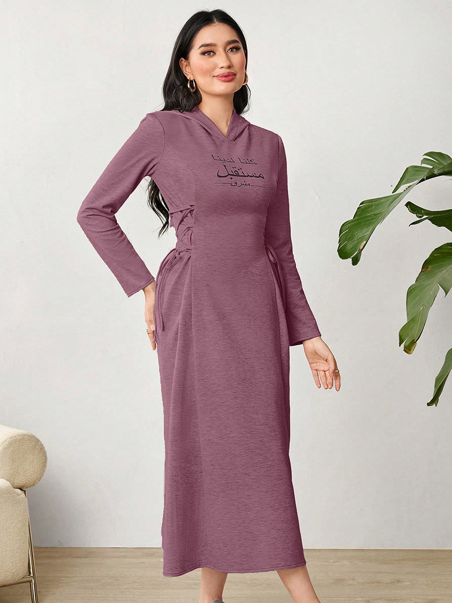 Purple Hooded Midi Dress with Tie-Up Detail