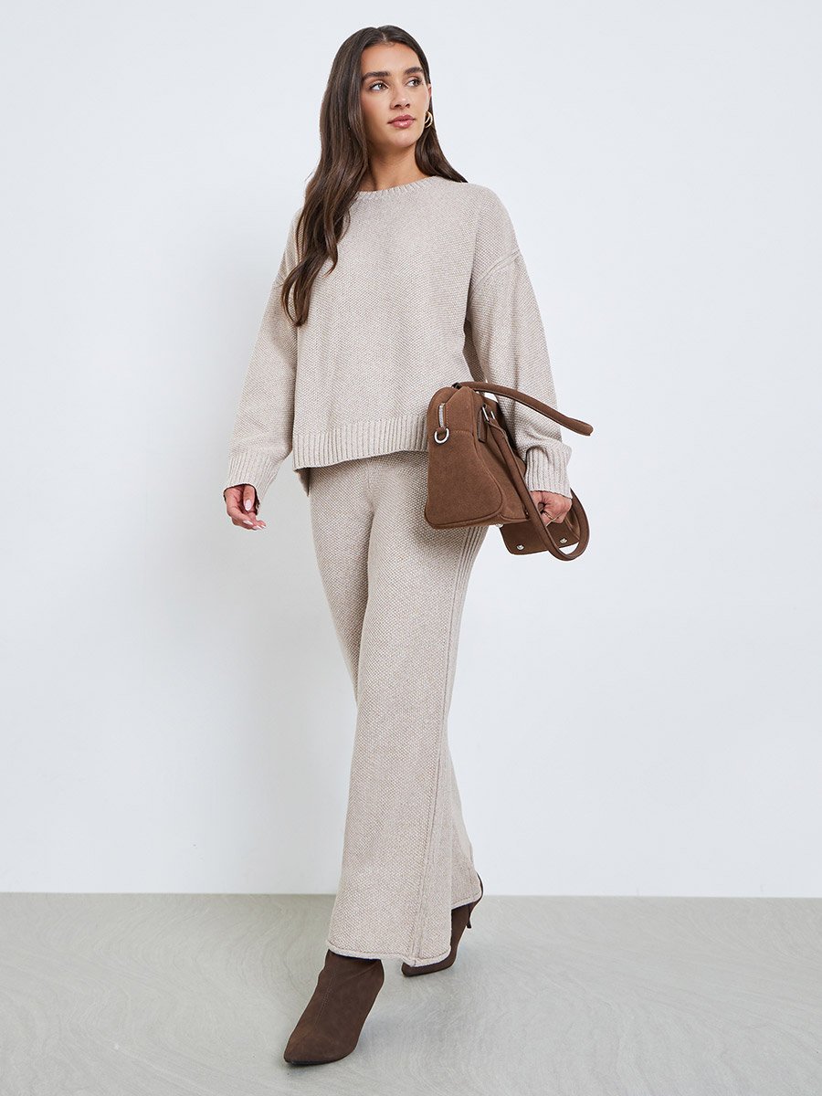 Beige Wide Leg Flat Knit Pants