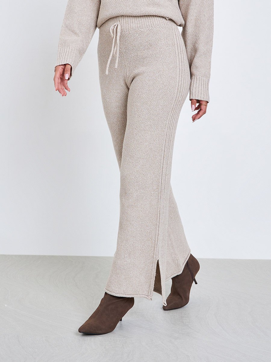 Beige Wide Leg Flat Knit Pants