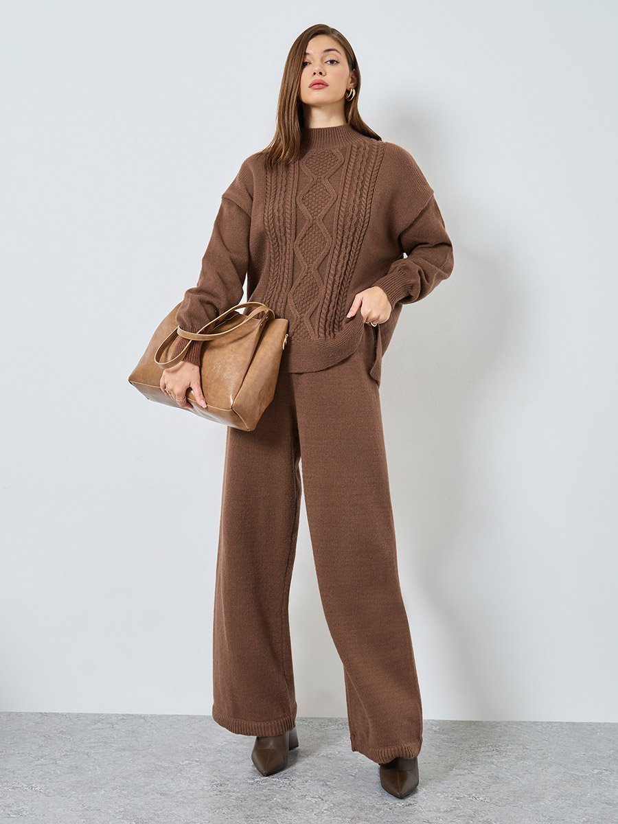 Women Brown Plain Flat Knit Wide Leg Pants
