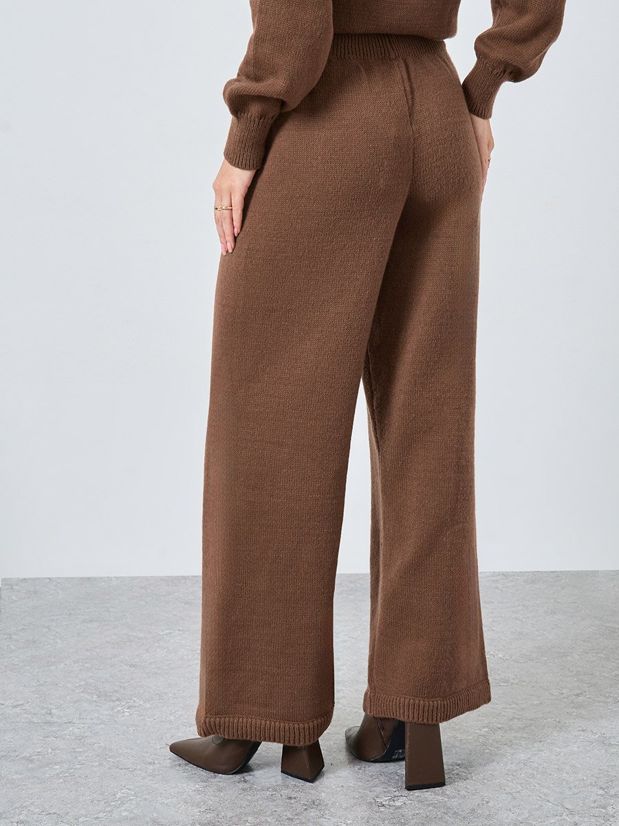 Women Brown Plain Flat Knit Wide Leg Pants