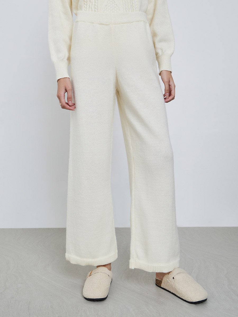 Women Off White Plain Flat Knit Wide Leg Pants