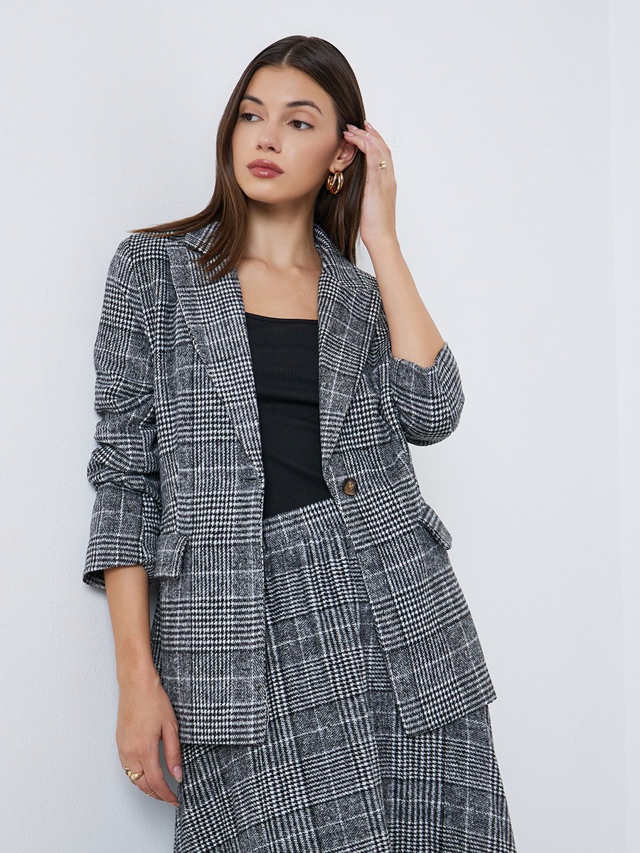 Regular Fit Longline Houndstooth Pattern Blazer