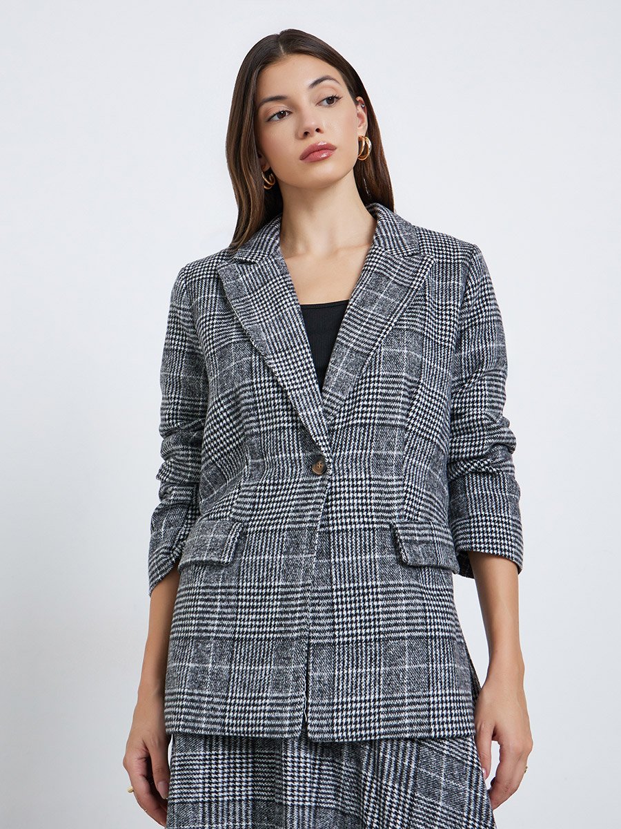 Regular Fit Longline Houndstooth Pattern Blazer