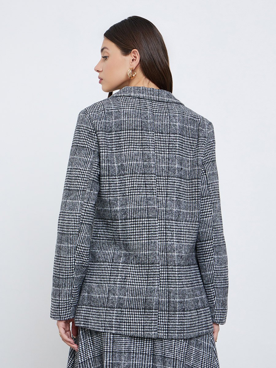 Regular Fit Longline Houndstooth Pattern Blazer