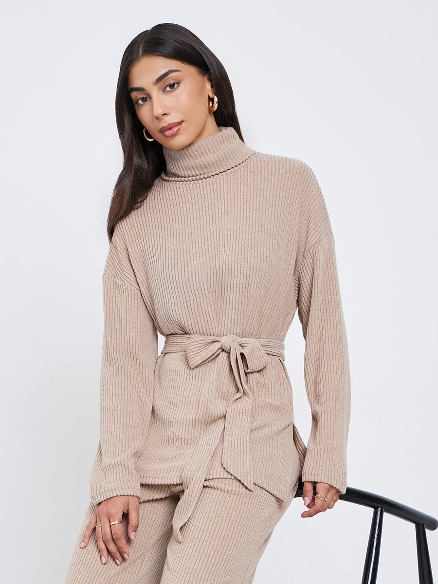 Beige Ribbed Longline Turtle Neck Top with Fabric Belt