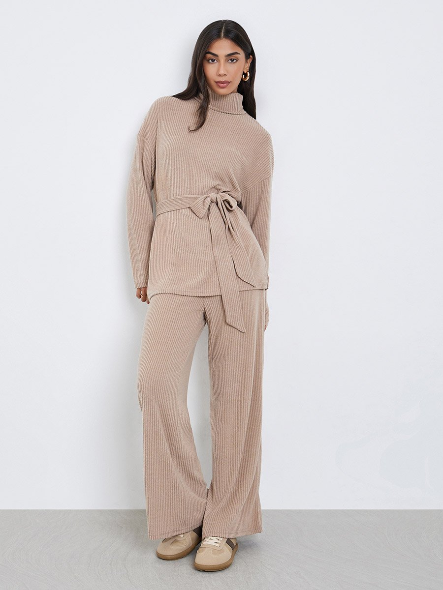 Beige Ribbed Longline Turtle Neck Top with Fabric Belt