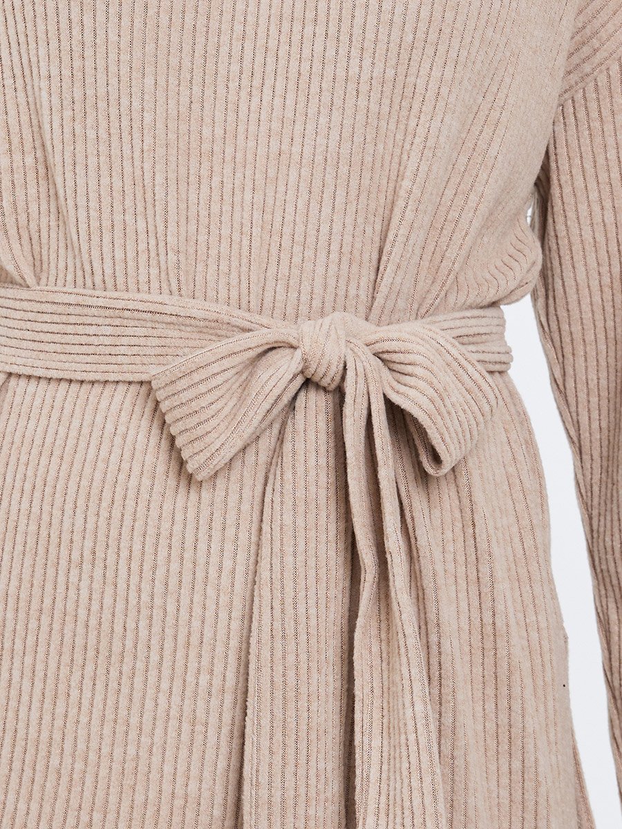 Beige Ribbed Longline Turtle Neck Top with Fabric Belt