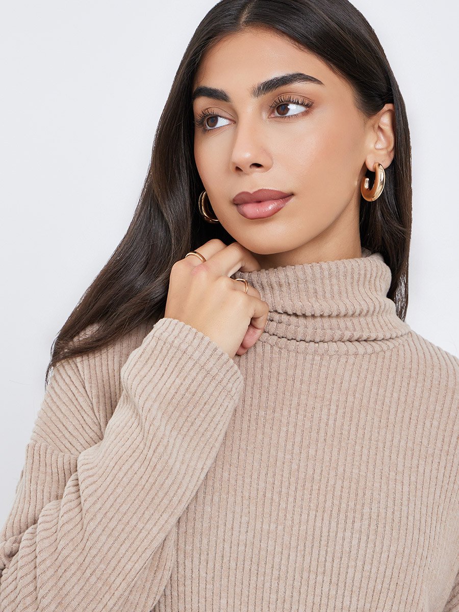 Beige Ribbed Longline Turtle Neck Top with Fabric Belt