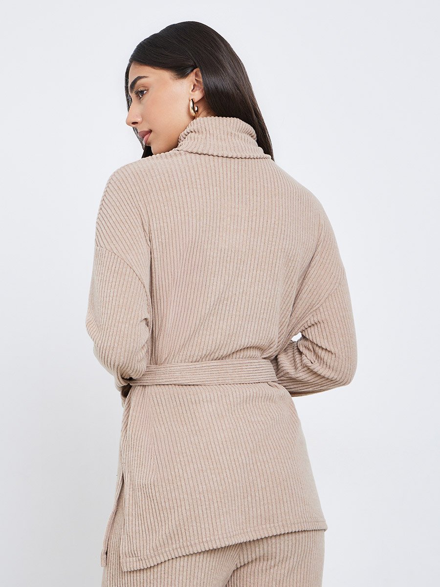 Beige Ribbed Longline Turtle Neck Top with Fabric Belt