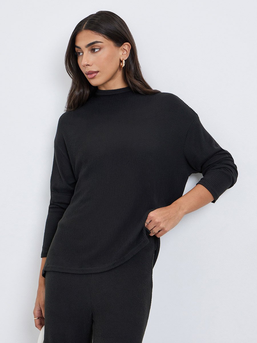 Black Ribbed Dropped Shoulder Knit Top with Slit