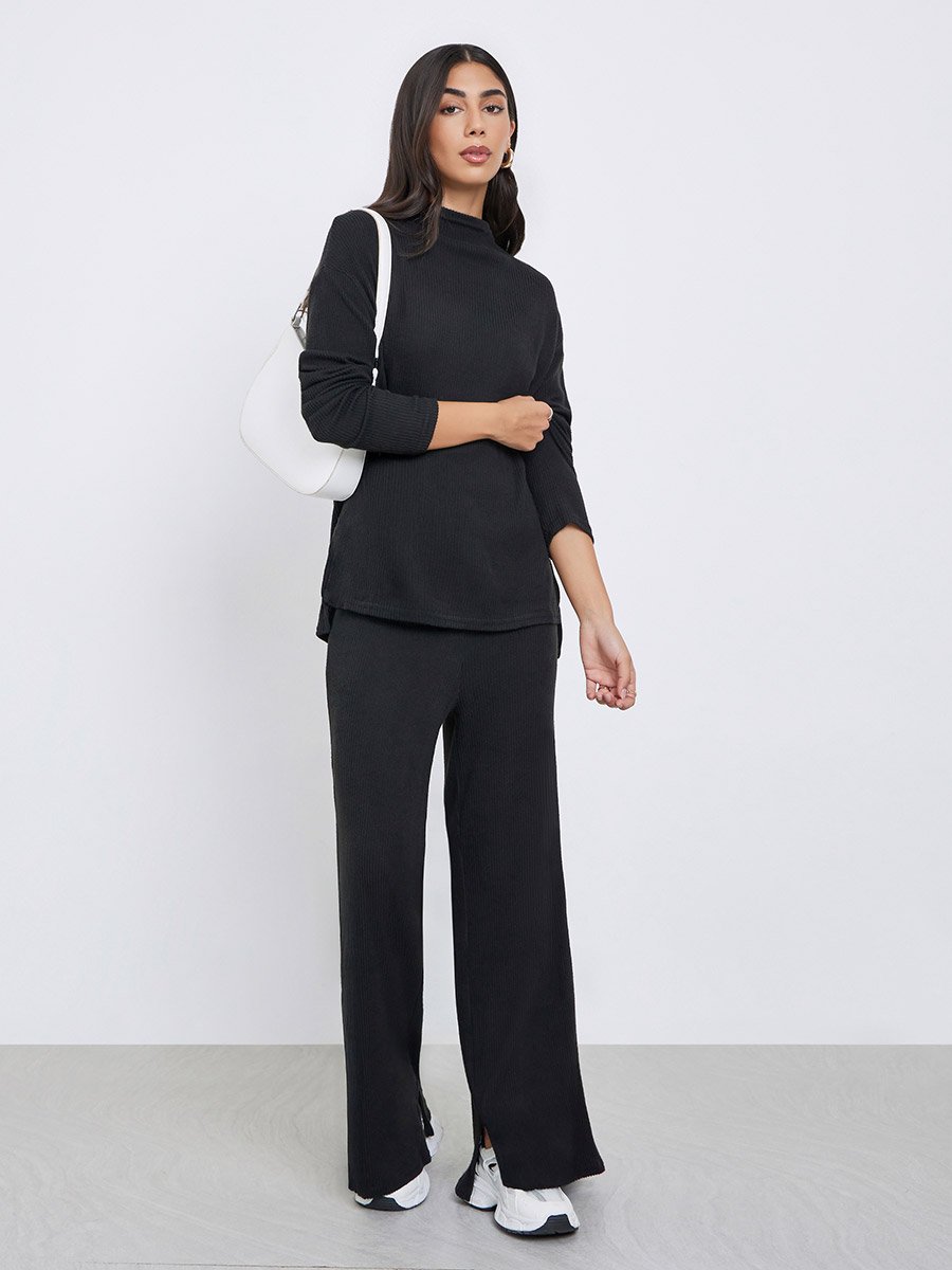 Black Ribbed Dropped Shoulder Knit Top with Slit