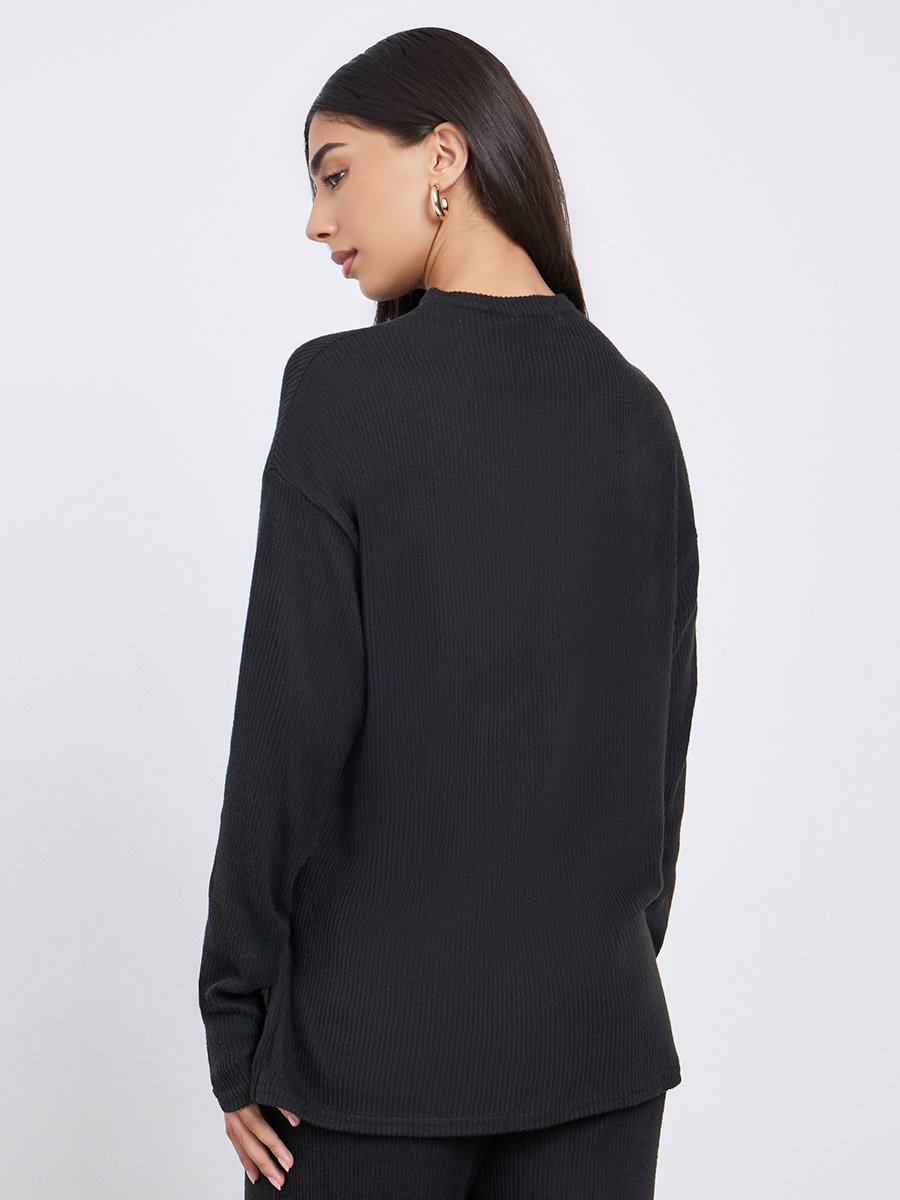 Black Ribbed Dropped Shoulder Knit Top with Slit