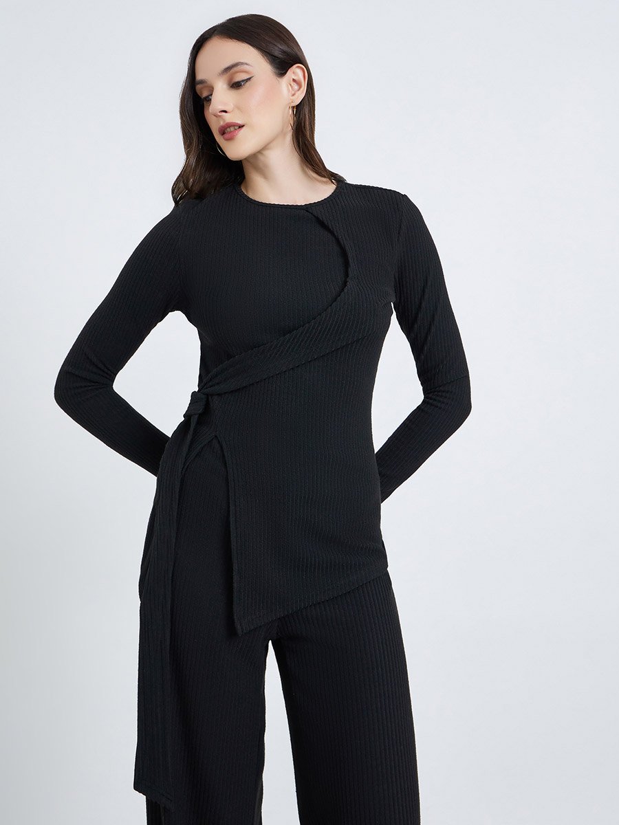 Black Ribbed Knot Detail Long Sleeve Top