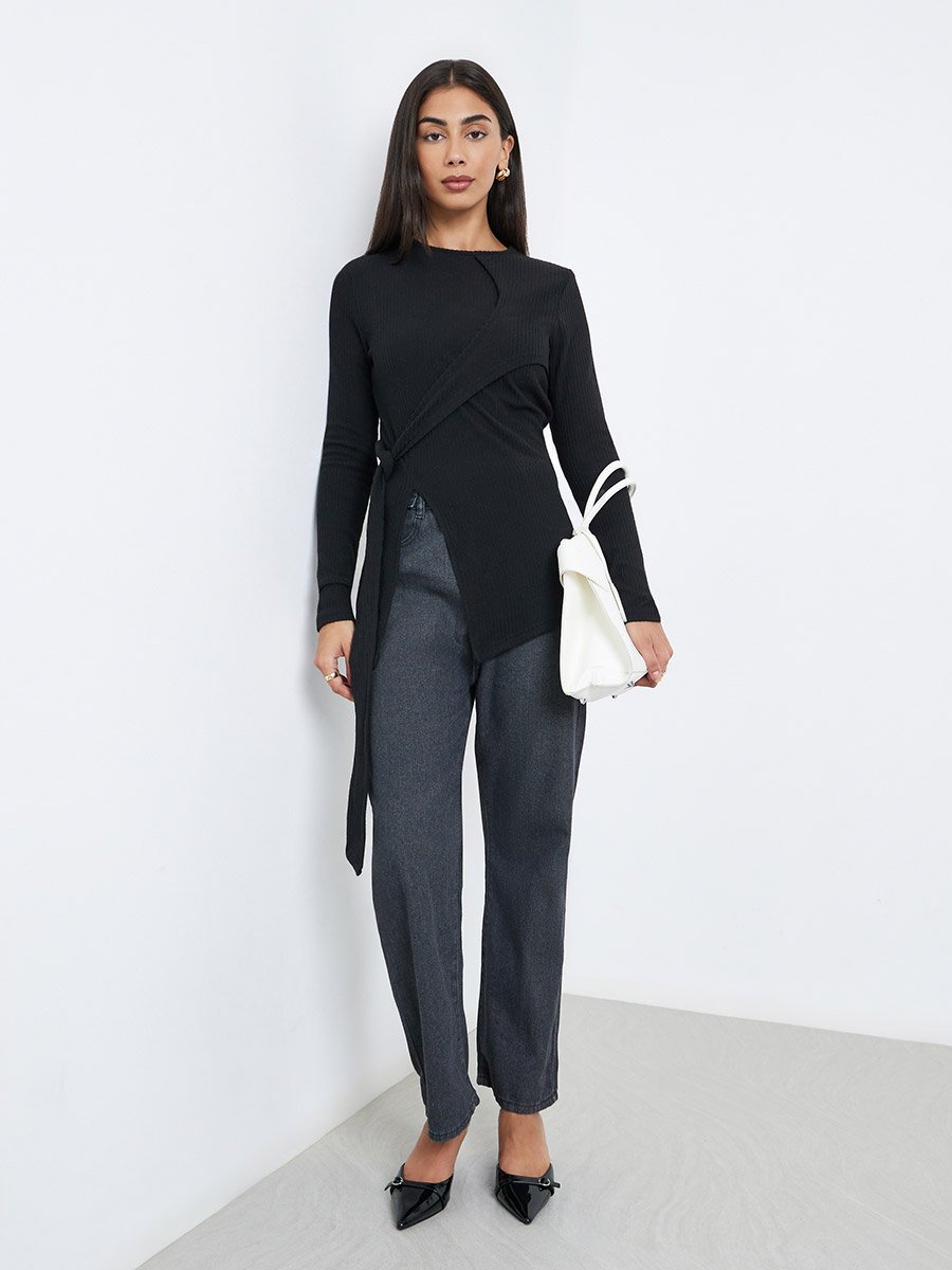 Black Ribbed Knot Detail Long Sleeve Top