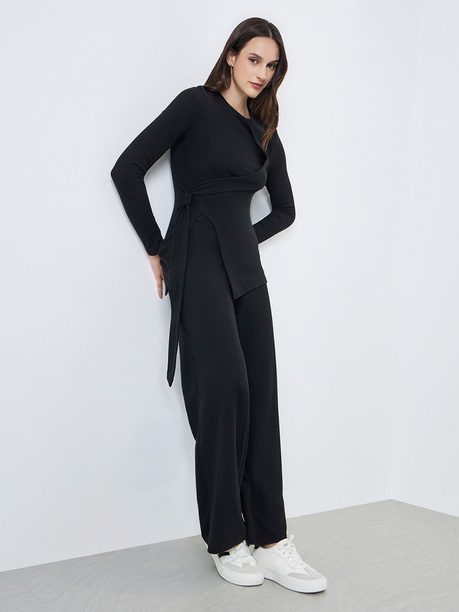 Black Ribbed Knot Detail Long Sleeve Top