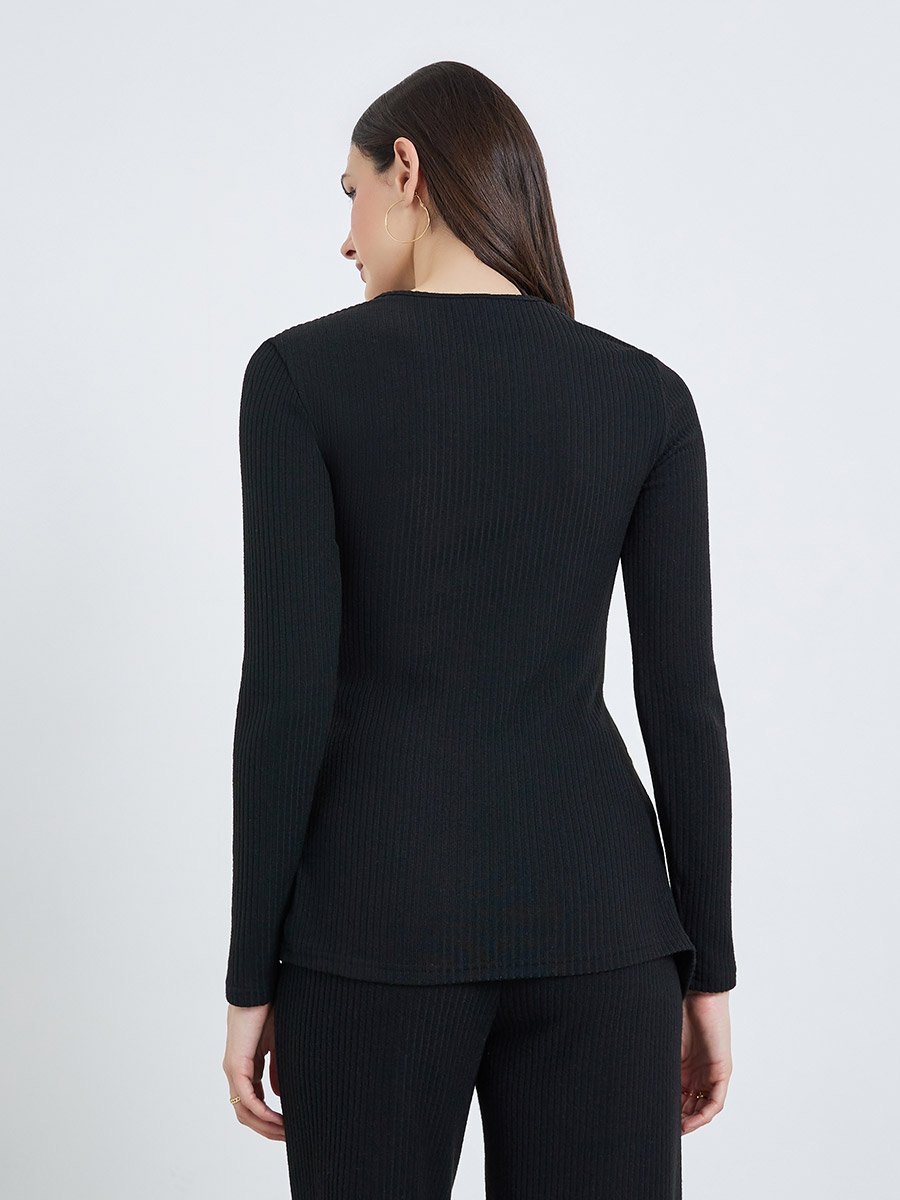 Black Ribbed Knot Detail Long Sleeve Top