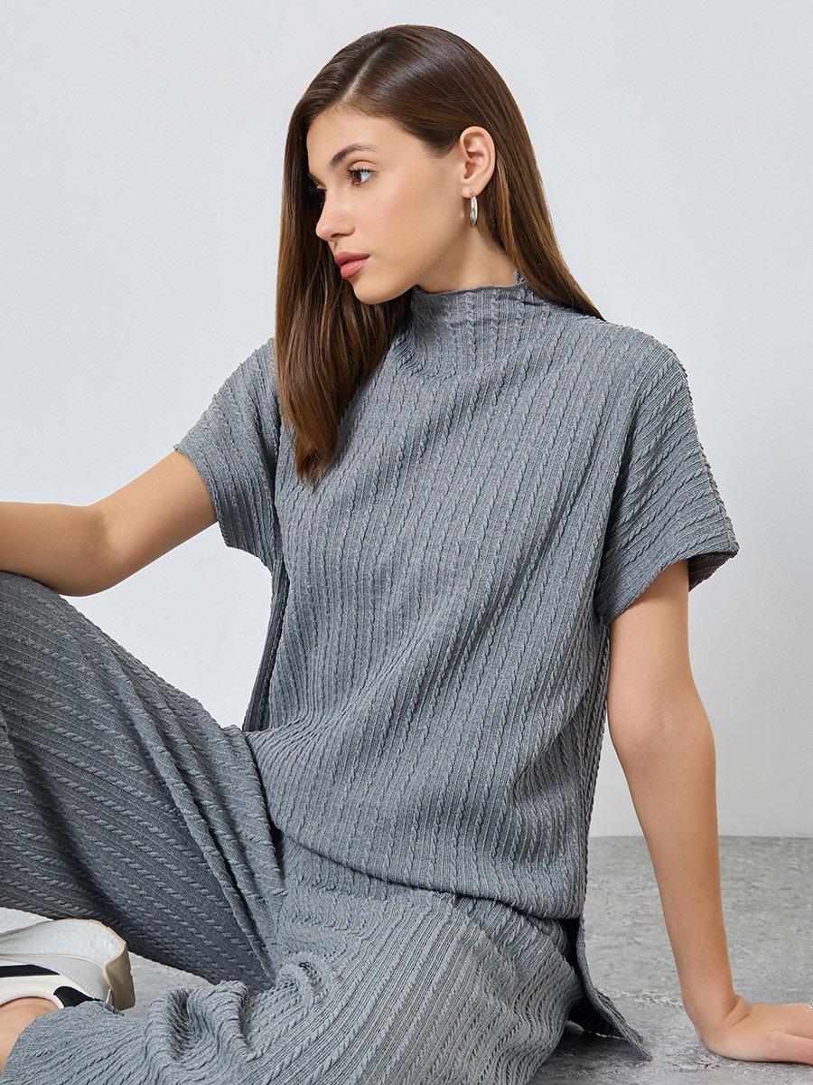 Grey Textured High Neck Top with Side Slit
