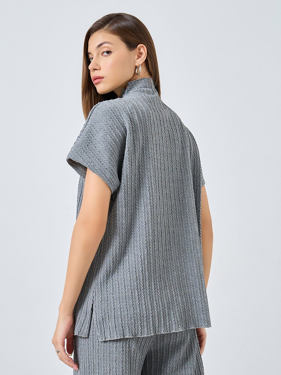 Grey Textured High Neck Top with Side Slit