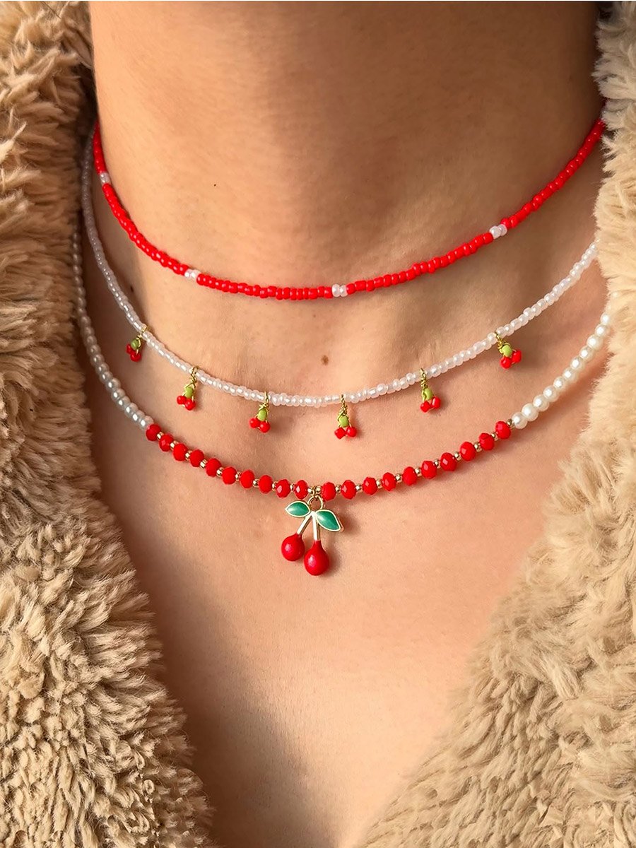 Set of 3 - Beaded Necklace with Cherry Decor