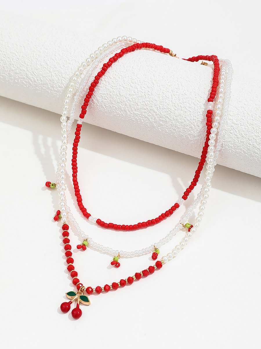 Set of 3 - Beaded Necklace with Cherry Decor